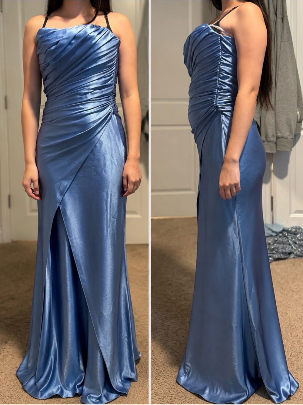 Blue Satin Ruched Slit Evening Dress